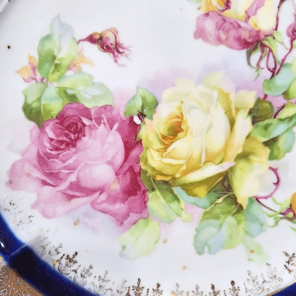 Antique Cobalt Blue Porcelain Cabinet Plate Gold Gilt Floral Roses Embossed 9.5